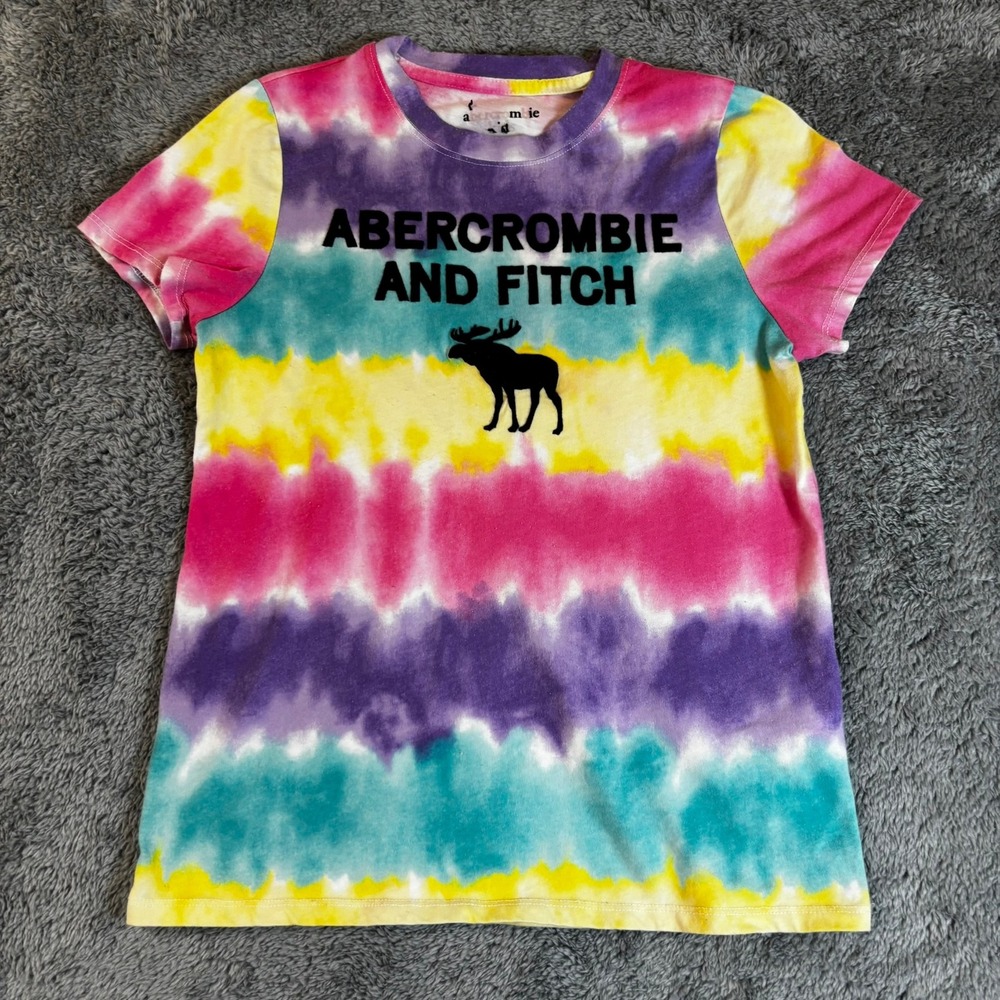 Abercrombie Kids Rainbow Tie Dye Graphic Tee Moose Logo T-Shirt Size 9/10